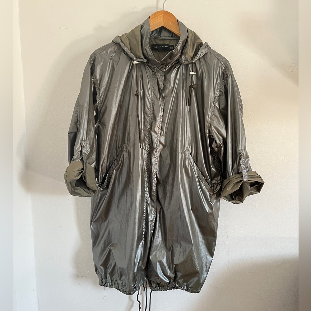 Metallic army green utility-style raincoat